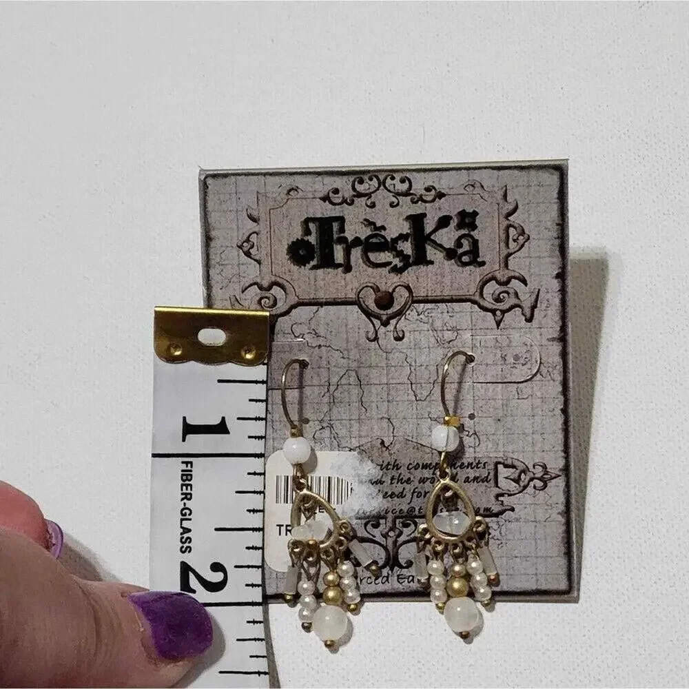 Treska White Gold Tone Beaded Chandelier Dangle Earrings Boho Vintage Style 2
